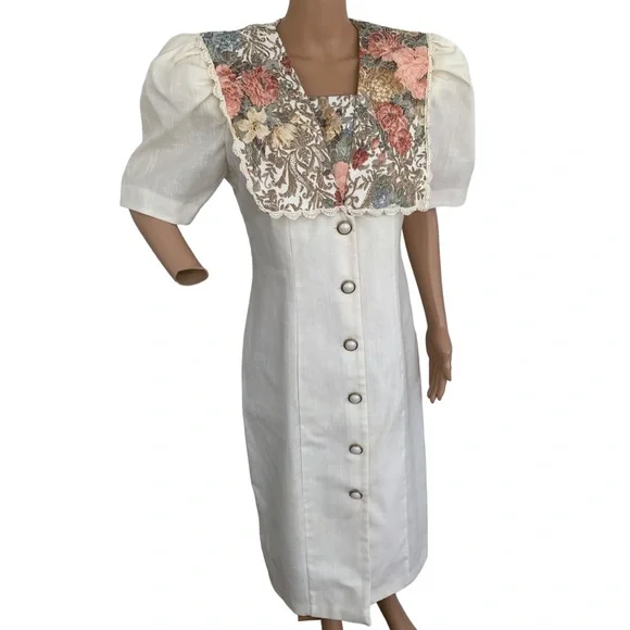 80s Floral Collar Dress Modest Ivory Button Down SL Fashions 14 38 32 40 - Picture 3 of 8